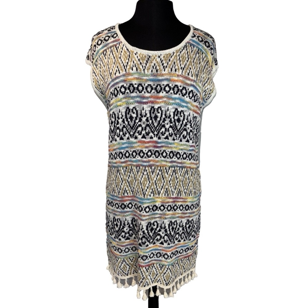 NEW Baciano Crochet‎ Sweater Tank Dress Women Sz S Colorful Fringe Boho Festival